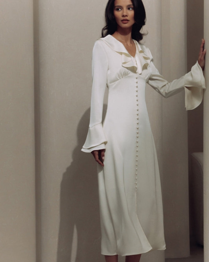 Pearl Button Ruffle Midi Dress - Montierri