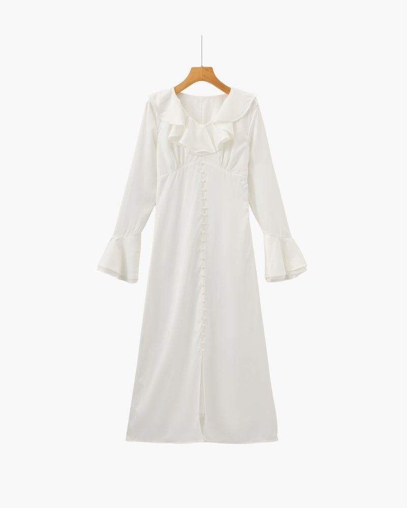 Pearl Button Ruffle Midi Dress - Montierri