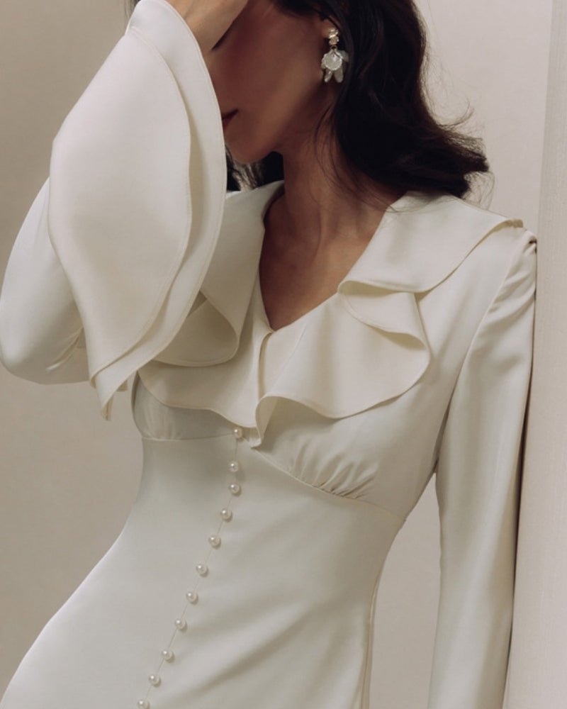 Pearl Button Ruffle Midi Dress - Montierri